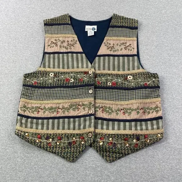 VTG Paul Harris Floral Embroidered Vest Womens M Patchwork Stripe Boho Cottage - Picture 11 of 11